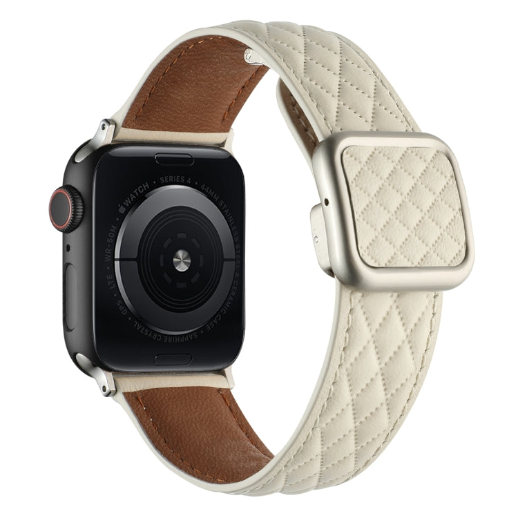 For Apple Watch SE 2023 40mm Rhombus Pattern Magnetic Square Buckle Leather Watch Band(Creamy White) - free shipping - PMC TechLife - Order now!
