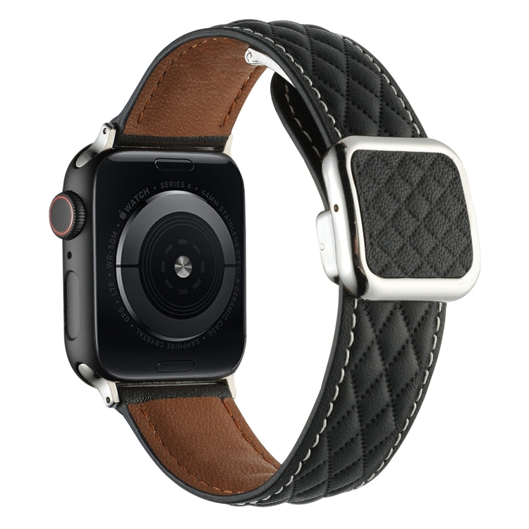 For Apple Watch Ultra 2 49mm Rhombus Pattern Magnetic Square Buckle Leather Watch Band(Black) - Watch Bands by PMC TechLife | Online Shopping South Africa | PMC TechLife | Buy Now Pay Later Mobicred