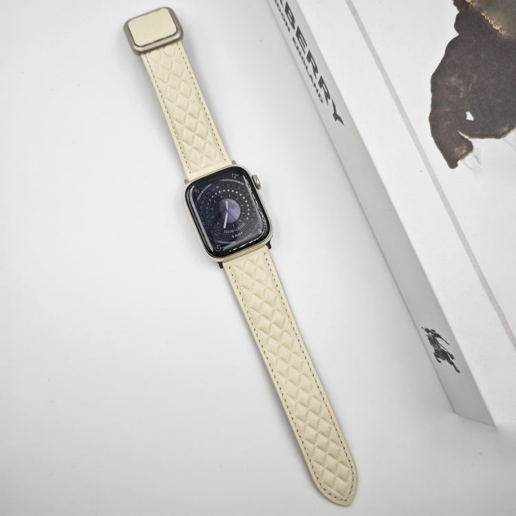 For Apple Watch Series 9 45mm Rhombus Pattern Magnetic Square Buckle Leather Watch Band(Creamy White) - free shipping - PMC TechLife - Order now!