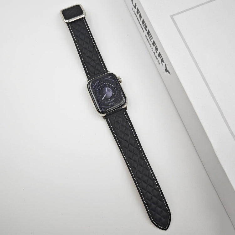 For Apple Watch SE 2022 40mm Rhombus Pattern Magnetic Square Buckle Leather Watch Band(Black) - free shipping - PMC TechLife - Order now!