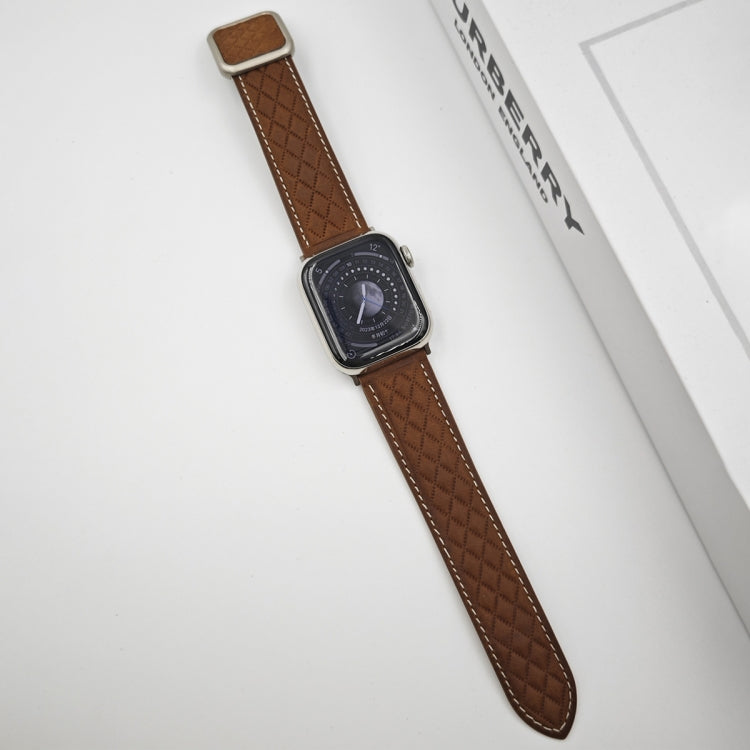 For Apple Watch Series 7 45mm Rhombus Pattern Magnetic Square Buckle Leather Watch Band(Dark Brown) - Watch Bands by PMC TechLife | Online Shopping South Africa | PMC TechLife | Buy Now Pay Later Mobicred