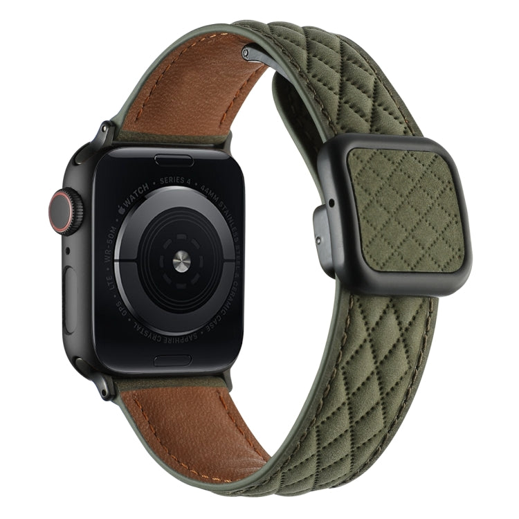 For Apple Watch Series 6 44mm Rhombus Pattern Magnetic Square Buckle Leather Watch Band(Army Green) - free shipping - PMC TechLife - Order now!