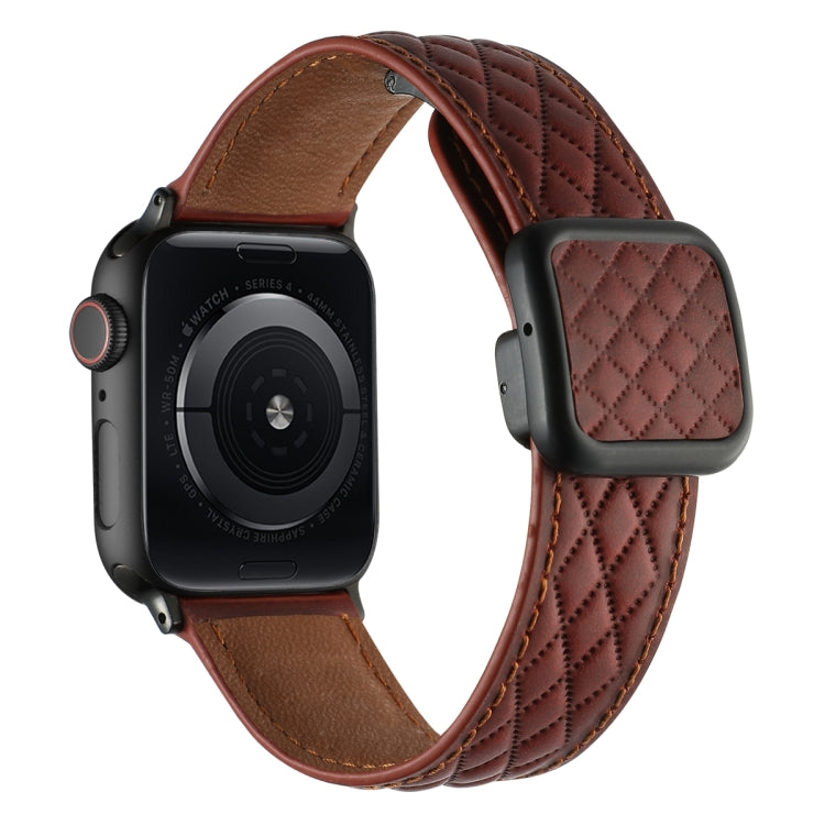 For Apple Watch Series 3 38mm Rhombus Pattern Magnetic Square Buckle Leather Watch Band(Red) - Watch Bands by PMC TechLife | Online Shopping South Africa | PMC TechLife | Buy Now Pay Later Mobicred