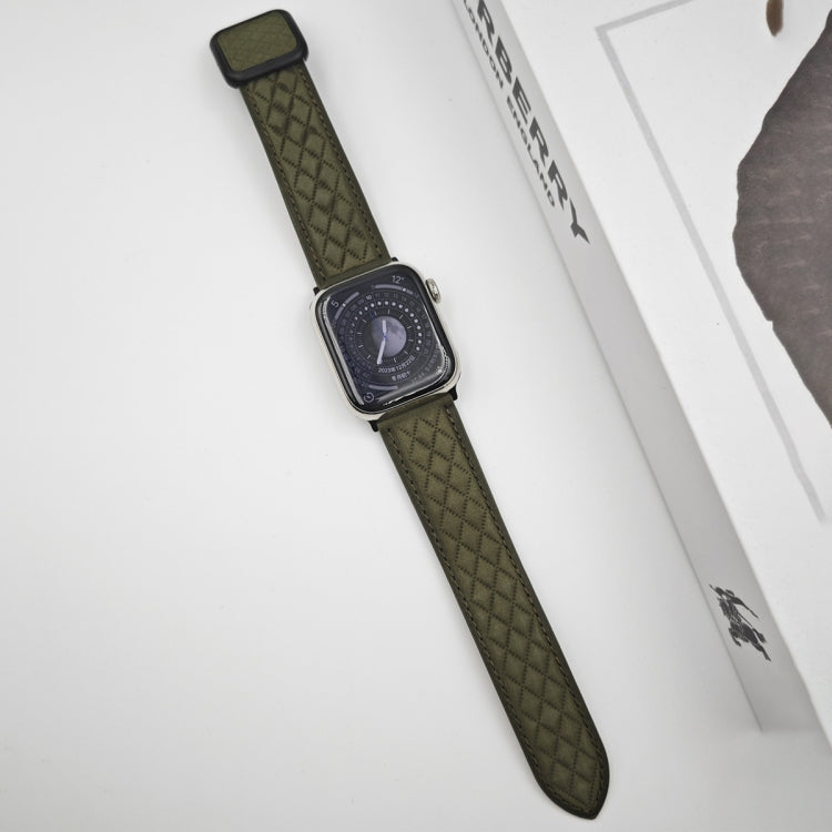 For Apple Watch Series 3 42mm Rhombus Pattern Magnetic Square Buckle Leather Watch Band(Army Green) - free shipping - PMC TechLife - Order now!