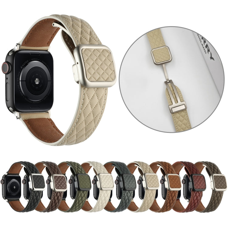 For Apple Watch SE 2023 44mm Rhombus Pattern Magnetic Square Buckle Leather Watch Band(Red) - free shipping - PMC TechLife - Order now!