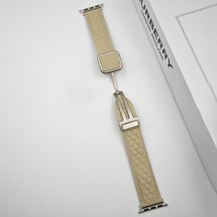 For Apple Watch Series 9 45mm Rhombus Pattern Magnetic Square Buckle Leather Watch Band(Creamy White) - free shipping - PMC TechLife - Order now!