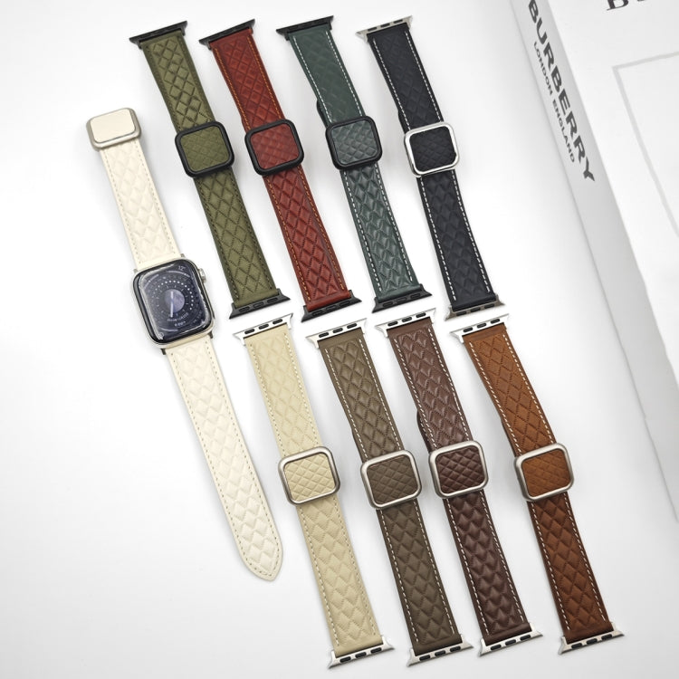 For Apple Watch SE 2023 40mm Rhombus Pattern Magnetic Square Buckle Leather Watch Band(Army Green) - free shipping - PMC TechLife - Order now!