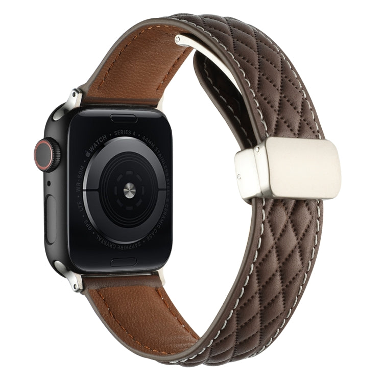 For Apple Watch Series 9 45mm Rhombus Pattern Magnetic Folding Buckle Leather Watch Band(Dark Coffee) - free shipping - PMC TechLife - Order now!