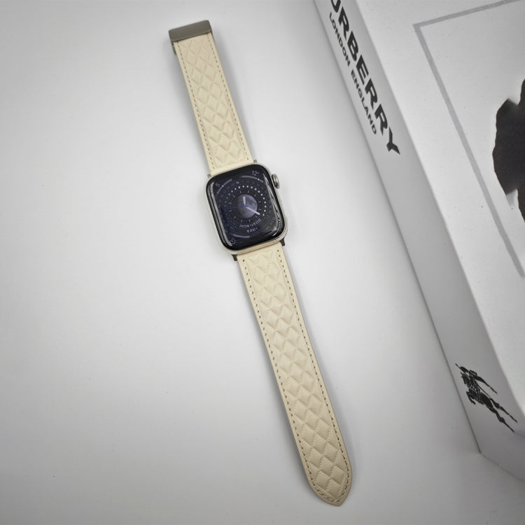 For Apple Watch Ultra 49mm Rhombus Pattern Magnetic Folding Buckle Leather Watch Band(Creamy White) - free shipping - PMC TechLife - Order now!