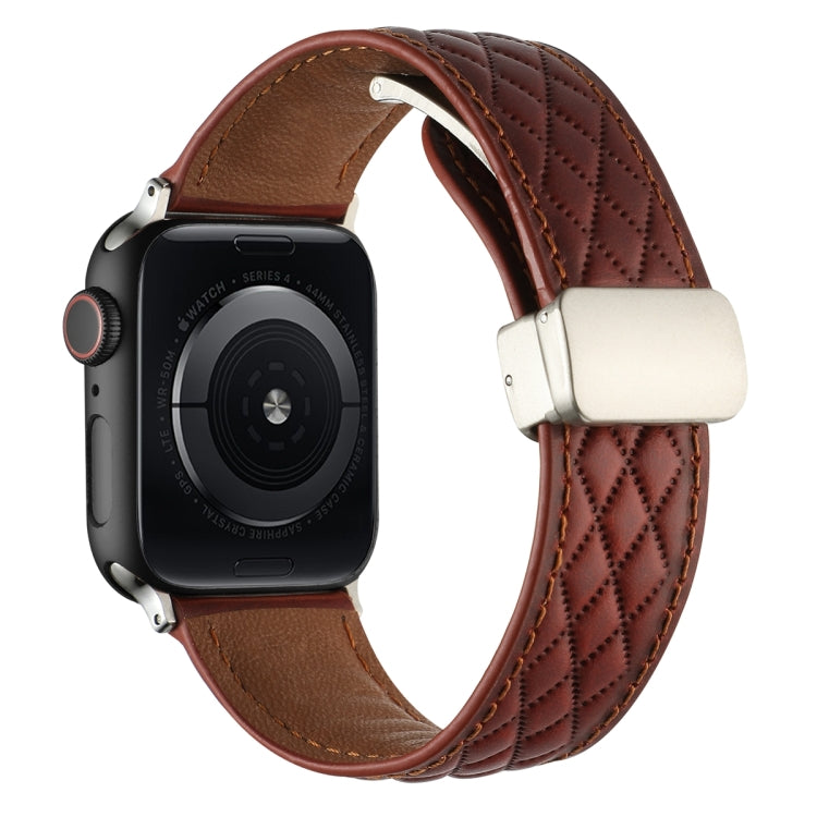 For Apple Watch SE 2022 44mm Rhombus Pattern Magnetic Folding Buckle Leather Watch Band(Red) - free shipping - PMC TechLife - Order now!