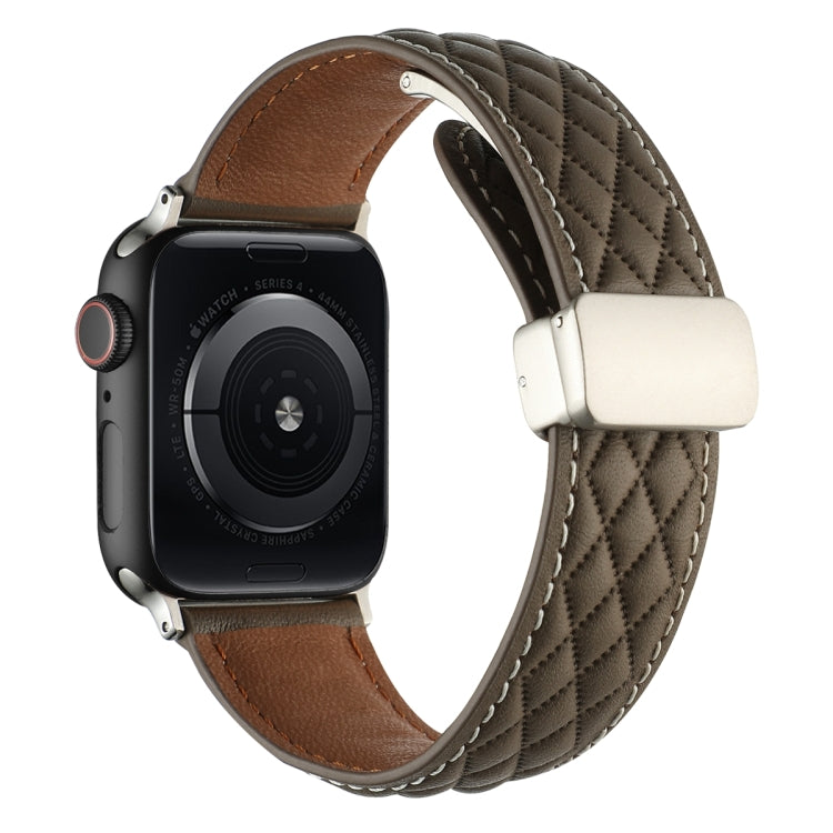 For Apple Watch Series 6 44mm Rhombus Pattern Magnetic Folding Buckle Leather Watch Band(Brown) - free shipping - PMC TechLife - Order now!