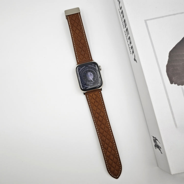 For Apple Watch Series 4 44mm Rhombus Pattern Magnetic Folding Buckle Leather Watch Band(Dark Brown) - Watch Bands by PMC TechLife | Online Shopping South Africa | PMC TechLife | Buy Now Pay Later Mobicred