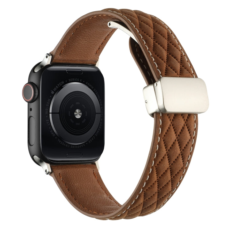 For Apple Watch Series 3 38mm Rhombus Pattern Magnetic Folding Buckle Leather Watch Band(Dark Brown) - free shipping - PMC TechLife - Order now!