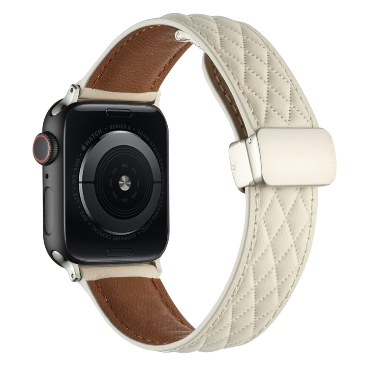 For Apple Watch Series 2 38mm Rhombus Pattern Magnetic Folding Buckle Leather Watch Band(Creamy White) - free shipping - PMC TechLife - Order now!