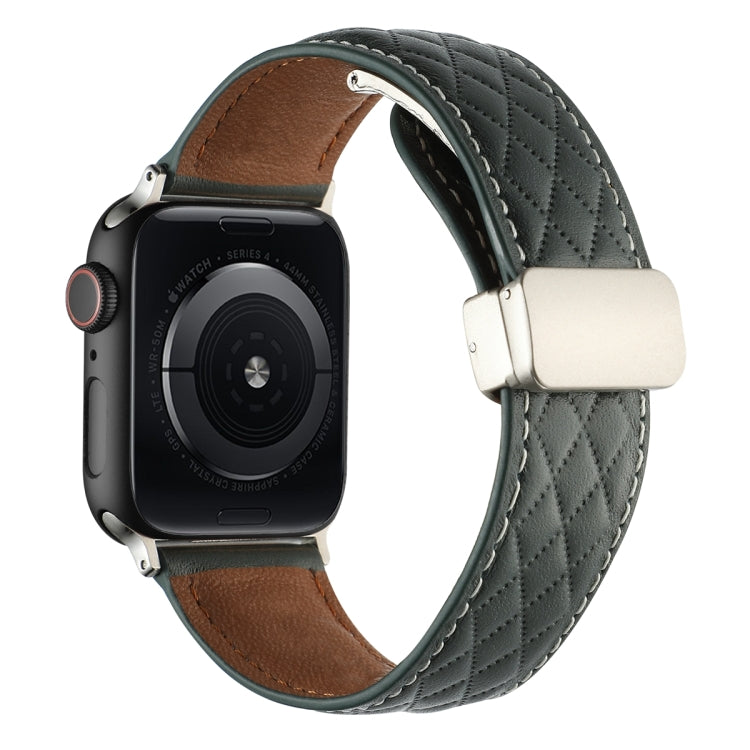 For Apple Watch 42mm Rhombus Pattern Magnetic Folding Buckle Leather Watch Band(Dark Green) - free shipping - PMC TechLife - Order now!