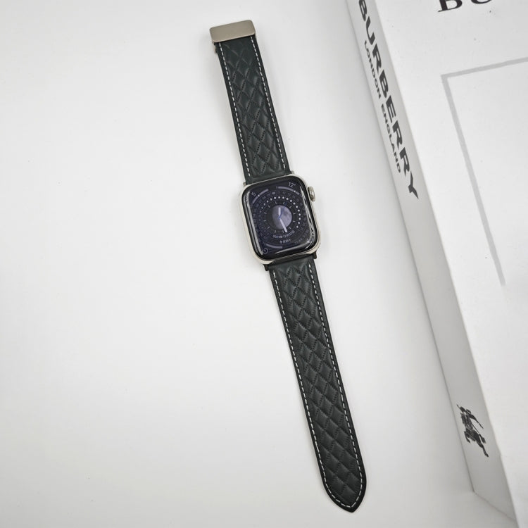 For Apple Watch 42mm Rhombus Pattern Magnetic Folding Buckle Leather Watch Band(Dark Green) - free shipping - PMC TechLife - Order now!