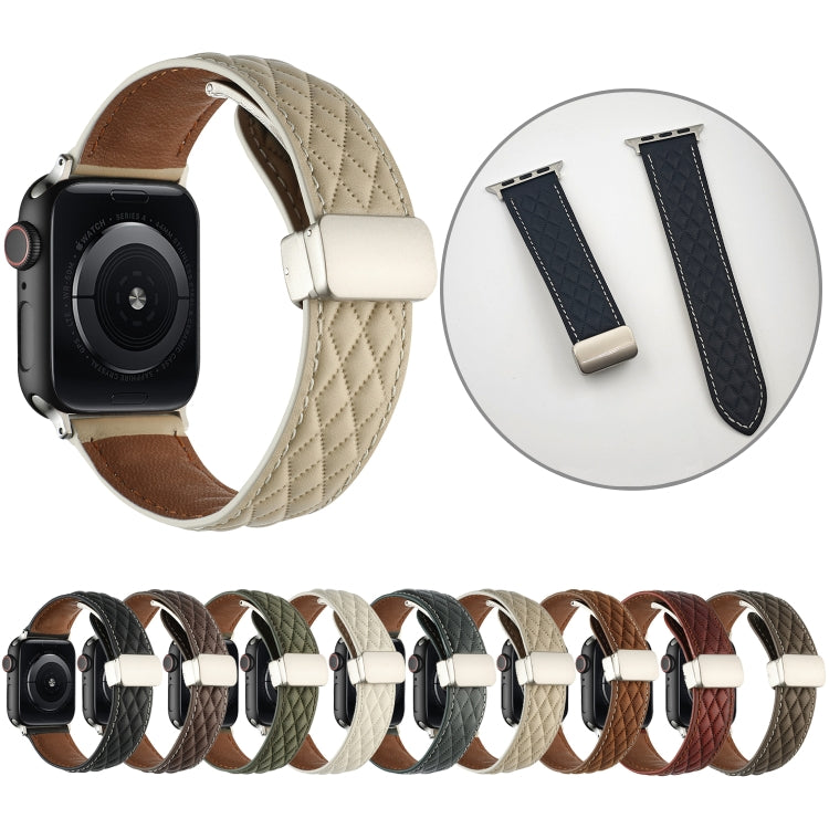 For Apple Watch Series 3 38mm Rhombus Pattern Magnetic Folding Buckle Leather Watch Band(Creamy White) - free shipping - PMC TechLife - Order now!