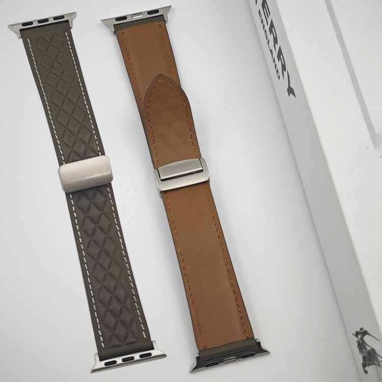 For Apple Watch Series 7 41mm Rhombus Pattern Magnetic Folding Buckle Leather Watch Band(Brown) - Watch Bands by PMC TechLife | Online Shopping South Africa | PMC TechLife | Buy Now Pay Later Mobicred
