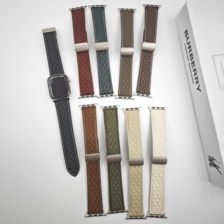 For Apple Watch SE 2023 40mm Rhombus Pattern Magnetic Folding Buckle Leather Watch Band(Dark Brown) - Watch Bands by PMC TechLife | Online Shopping South Africa | PMC TechLife | Buy Now Pay Later Mobicred