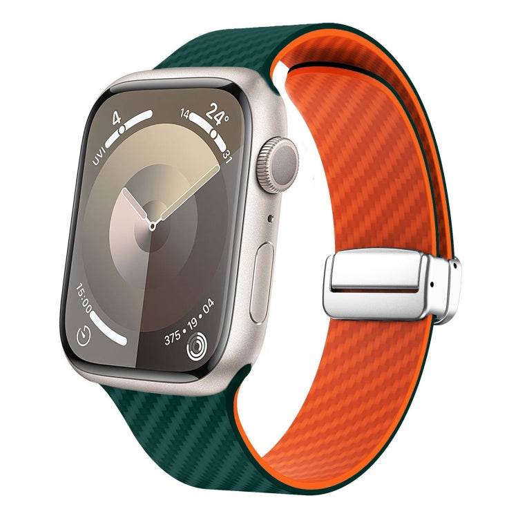 For Apple Watch Series 9 41mm Carbon Fiber Magnetic Silver Buckle Watch Band(Deep Green Orange) - free shipping - PMC TechLife - Order now!