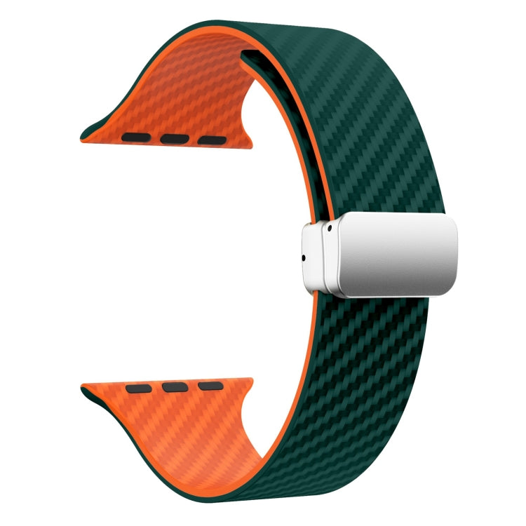 For Apple Watch Series 9 41mm Carbon Fiber Magnetic Silver Buckle Watch Band(Deep Green Orange) - free shipping - PMC TechLife - Order now!