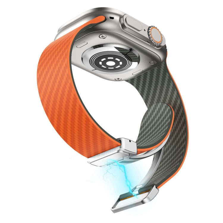 For Apple Watch Series 6 44mm Carbon Fiber Magnetic Silver Buckle Watch Band(Orange Grass) - free shipping - PMC TechLife - Order now!