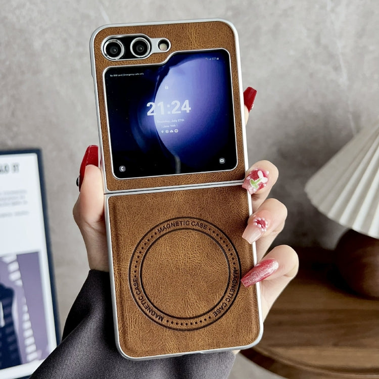 For Samsung Galaxy Z Flip5 Skin Feel Leather Texture MagSafe Pearlescent Paint Shockproof Phone Case(Brown) - Galaxy Z Flip5 Cases by PMC TechLife | Online Shopping South Africa | PMC TechLife