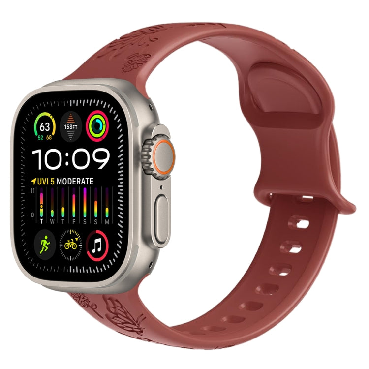 For Apple Watch Ultra 49mm Butterfly Flower Embossed Silicone Watch Band(Brick Red) - Watch Bands by PMC TechLife | Online Shopping South Africa | PMC TechLife