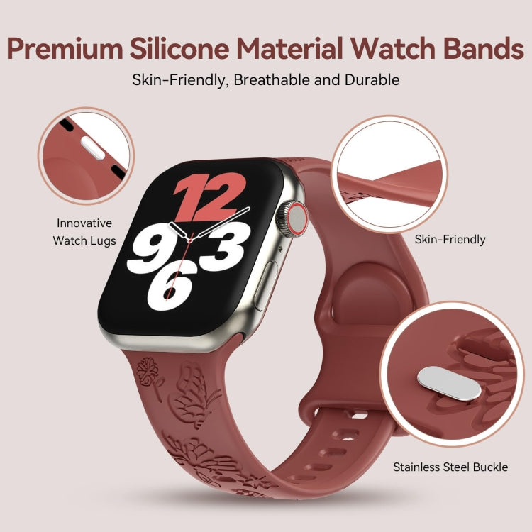 For Apple Watch Series 8 45mm Butterfly Flower Embossed Silicone Watch Band(Brick Red) - Watch Bands by PMC TechLife | Online Shopping South Africa | PMC TechLife