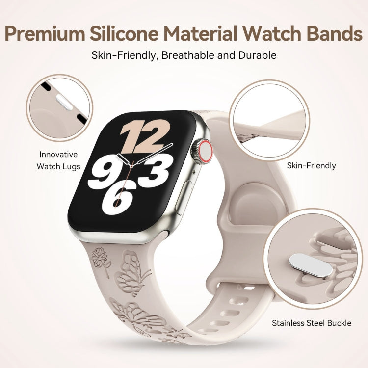 For Apple Watch SE 2022 40mm Butterfly Flower Embossed Silicone Watch Band(Starlight) - Watch Bands by PMC TechLife | Online Shopping South Africa | PMC TechLife