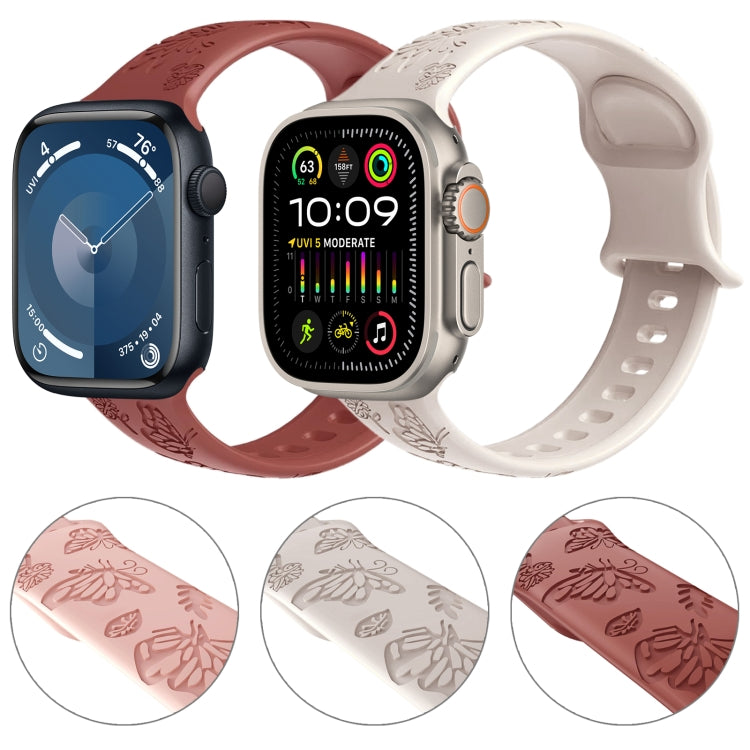 For Apple Watch Series 7 45mm Butterfly Flower Embossed Silicone Watch Band(Brick Red) - Watch Bands by PMC TechLife | Online Shopping South Africa | PMC TechLife