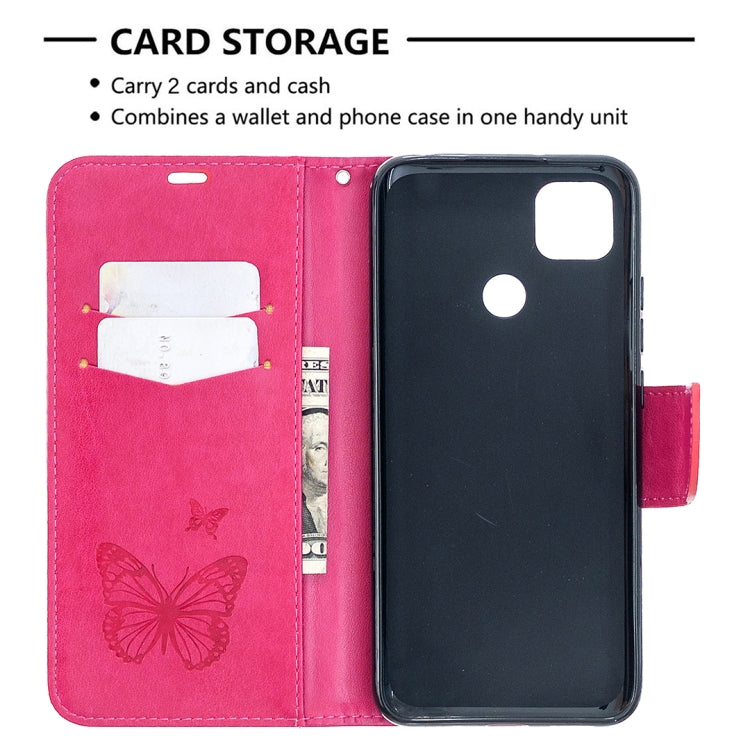 For Xiaomi Redmi 9C Two Butterflies Embossing Pattern Horizontal Flip Leather Case with Holder & Card Slot & Wallet & Lanyard(Rose Red) - free shipping - PMC TechLife - Order now!