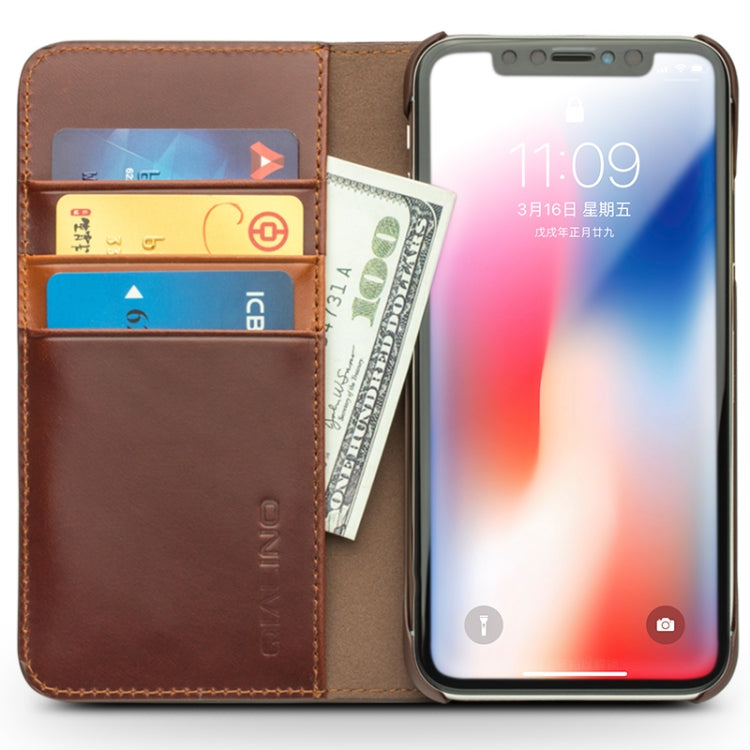For iPhone X / XS QIALINO Crazy Horse Business Horizontal Flip Leather Case with Holder & Card Slots, Style:Without Buckle(Brown) - free shipping - PMC TechLife - Order now!