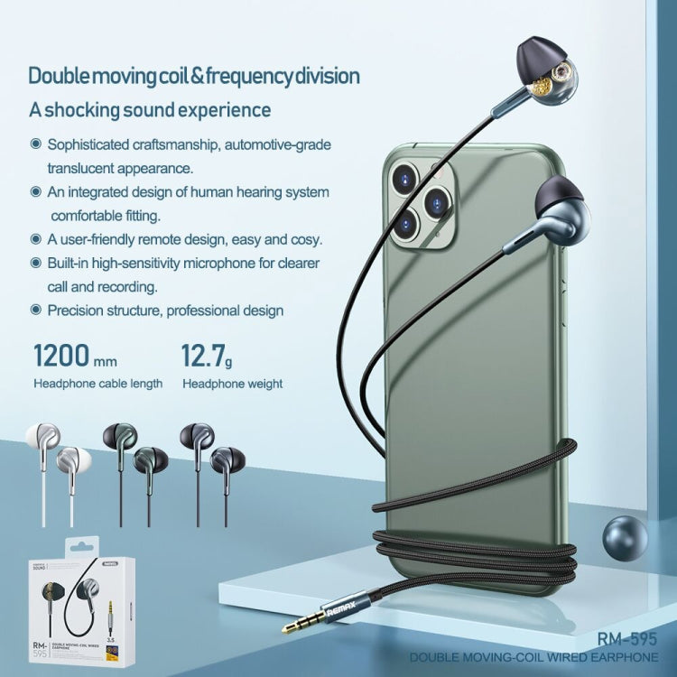 REMAX RM-595 3.5mm Gold Pin In-Ear Stereo Double-action Metal Music Earphone with Wire Control + MIC, Support Hands-free (Green) - Normal Style Earphone by REMAX | Online Shopping South Africa | PMC TechLife | Buy Now Pay Later Mobicred