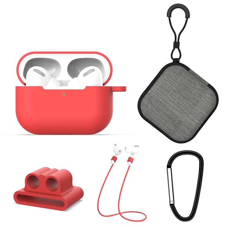 For AirPods Pro 5 in 1 Silicone Earphone Protective Case + Earphone Bag + Earphones Buckle + Hook + Anti-lost Rope Set(Red) - For AirPods Pro by PMC TechLife | Online Shopping South Africa | PMC TechLife | Buy Now Pay Later Mobicred