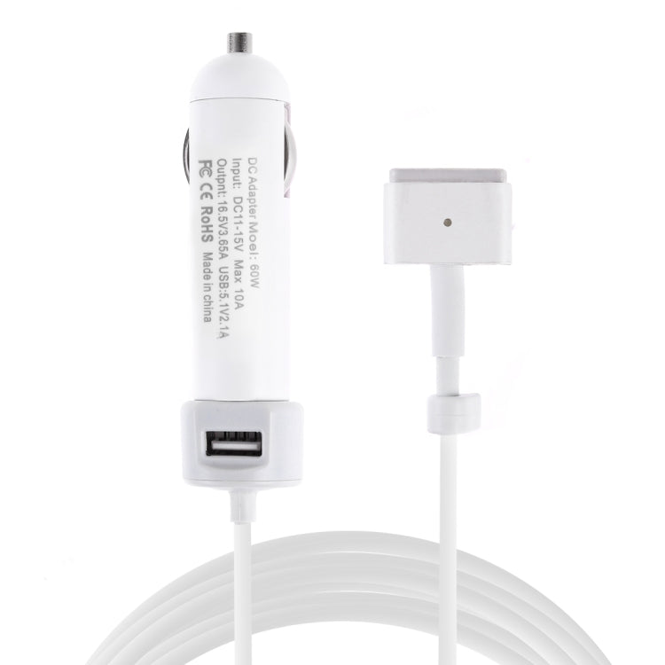 60W 5.1V 2.1A USB Interface Car Charger with 16.5V 3.65A T MagSafe 2 Interface Data Cable(White) - Car Charger by PMC TechLife | Online Shopping South Africa | PMC TechLife
