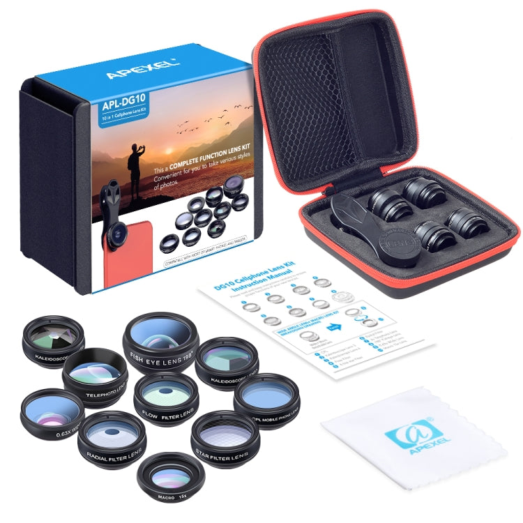 APEXEL APL-DG10 Macro Wide-angle Fisheye Telephoto CPL Flow Filter Radial Filter Star Filter Kaleidoscope 3 & 6 Lens Kit, For iPhone, Samsung, Huawei, Xiaomi, HTC and Other Smartphones, Ultra-thin Digital Camera - Combination Lens by APEXEL | Online Shopping South Africa | PMC TechLife