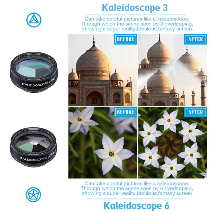 APEXEL APL-DG10 Macro Wide-angle Fisheye Telephoto CPL Flow Filter Radial Filter Star Filter Kaleidoscope 3 & 6 Lens Kit, For iPhone, Samsung, Huawei, Xiaomi, HTC and Other Smartphones, Ultra-thin Digital Camera - Combination Lens by APEXEL | Online Shopping South Africa | PMC TechLife