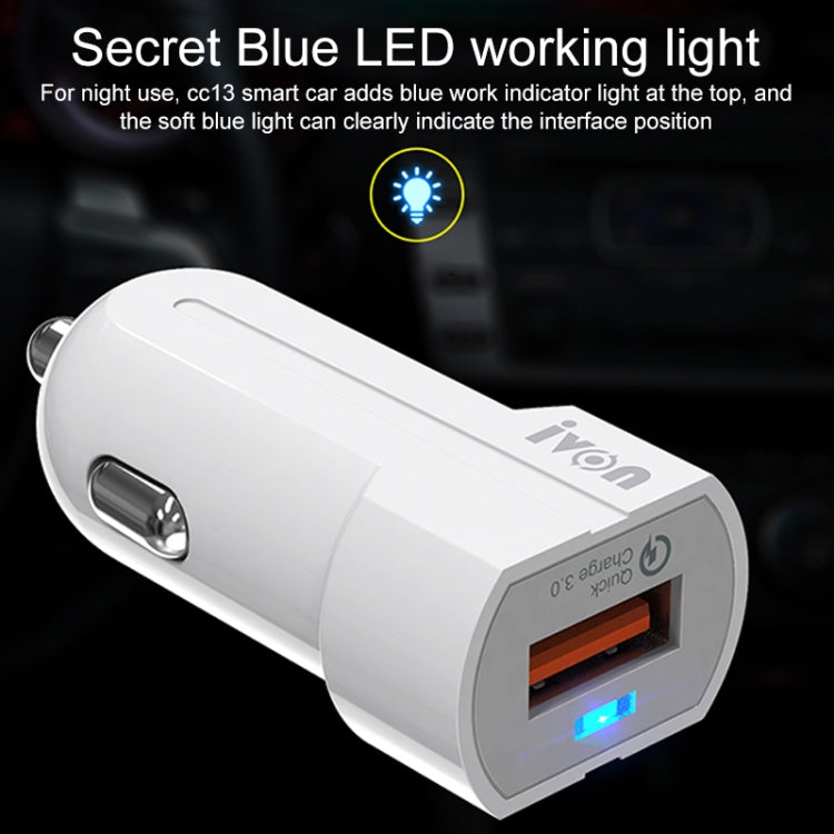 IVON CC13 QC 3.0 Fast Charging Car Charger Set with Type-C / USB-C Charging Cable (White) - Car Charger by IVON | Online Shopping South Africa | PMC TechLife