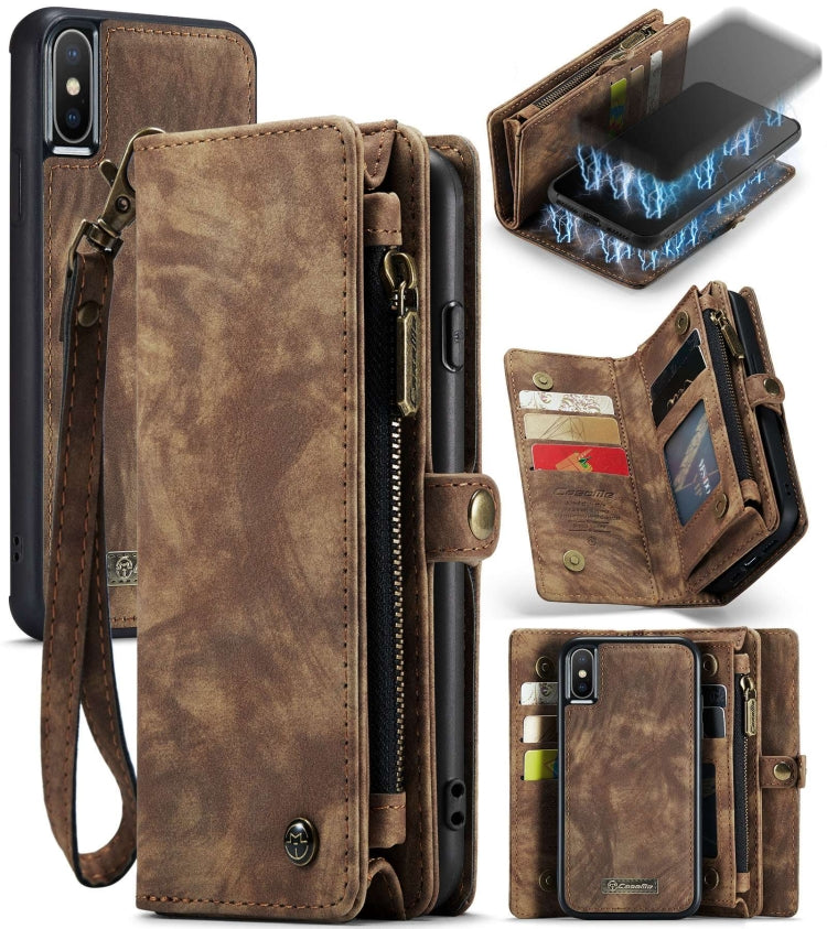 For iPhone X / XS CaseMe-008 TPU + PC Magnetic Absorption Detachable Back Cover Horizontal Flip Leather Case with Holder & Card Slots & Zipper Wallet & Photo Frame(Brown) - More iPhone Cases by CaseMe | Online Shopping South Africa | PMC TechLife | Buy Now Pay Later Mobicred
