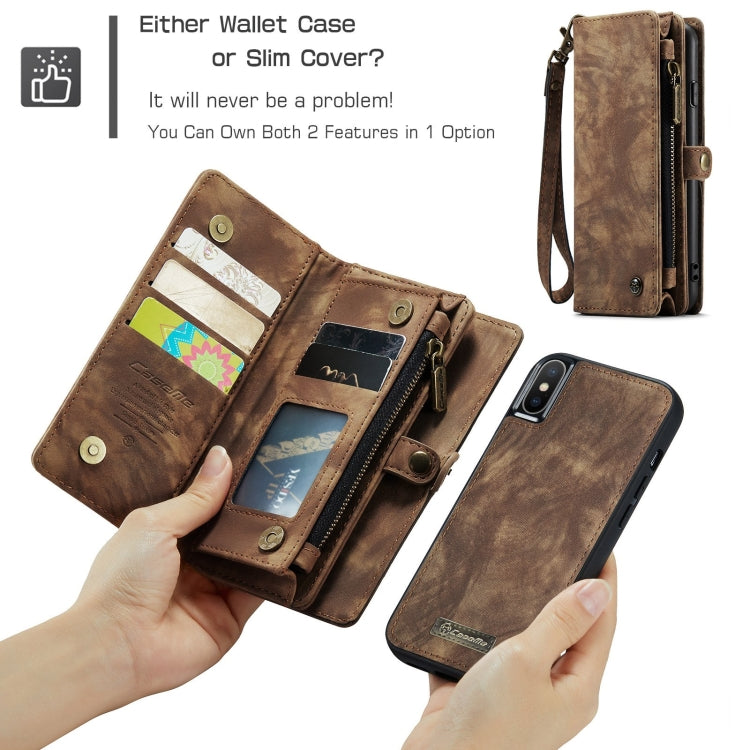For iPhone X / XS CaseMe-008 TPU + PC Magnetic Absorption Detachable Back Cover Horizontal Flip Leather Case with Holder & Card Slots & Zipper Wallet & Photo Frame(Brown) - More iPhone Cases by CaseMe | Online Shopping South Africa | PMC TechLife | Buy Now Pay Later Mobicred