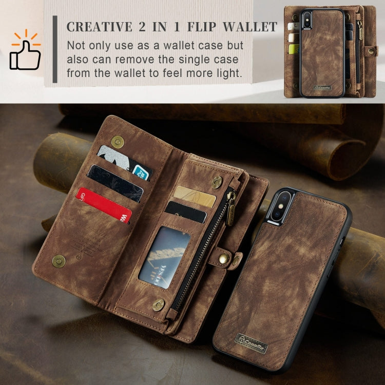 For iPhone X / XS CaseMe-008 TPU + PC Magnetic Absorption Detachable Back Cover Horizontal Flip Leather Case with Holder & Card Slots & Zipper Wallet & Photo Frame(Brown) - More iPhone Cases by CaseMe | Online Shopping South Africa | PMC TechLife | Buy Now Pay Later Mobicred