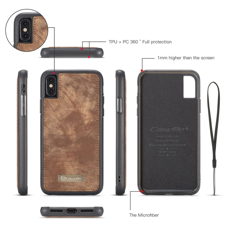 For iPhone X / XS CaseMe-008 TPU + PC Magnetic Absorption Detachable Back Cover Horizontal Flip Leather Case with Holder & Card Slots & Zipper Wallet & Photo Frame(Brown) - More iPhone Cases by CaseMe | Online Shopping South Africa | PMC TechLife | Buy Now Pay Later Mobicred