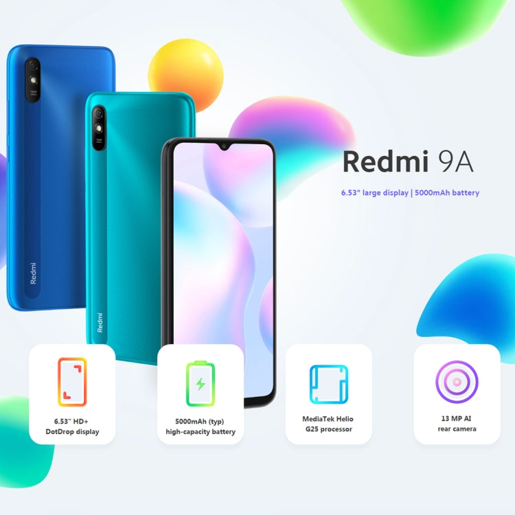 Xiaomi Redmi 9A, 4GB+64GB, 5000mAh Battery, Face Identification, 6.53 inch MIUI 12 MTK Helio G25 Octa Core up to 2.0GHz, Network: 4G, Dual SIM, Support Google Play(Green Lake) - free shipping - PMC TechLife - Order now!