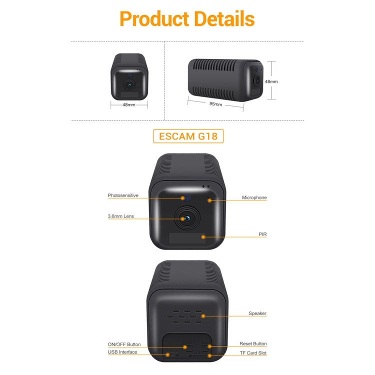 ESCAM G18 1080P Full HD Rechargeable Battery WiFi IP Camera, Support Night Vision / PIR Motion Detection / TF Card / Two Way Audio (Black) - free shipping - PMC TechLife - Order now!