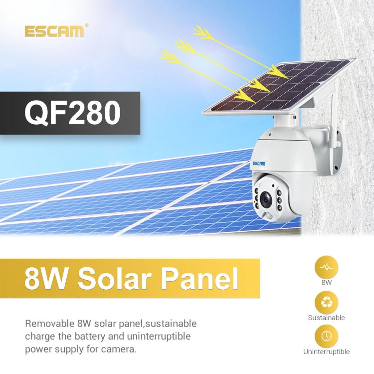 ESCAM QF280 HD 1080P IP66 Waterproof WiFi Solar Panel PT IP Camera without Battery, Support Night Vision / Motion Detection / TF Card / Two Way Audio (White) - free shipping - PMC TechLife - Order now!