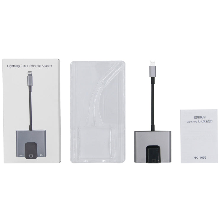 NK-1056 3 in 1 8 Pin Male to 8 Pin Charging + RJ45 Ethernet + 3.5mm Earphone Female Adapter - Converter & Adapter by PMC TechLife | Online Shopping South Africa | PMC TechLife