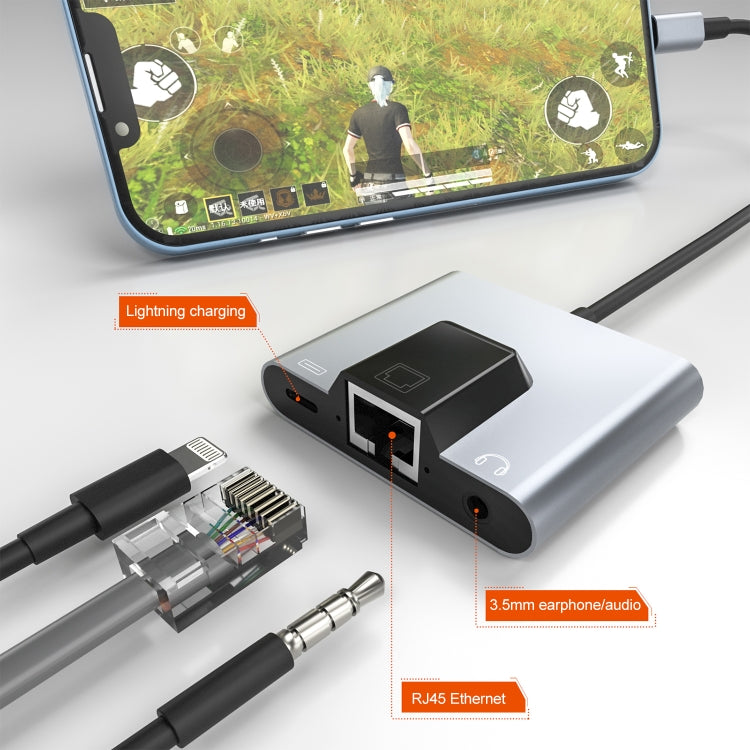 NK-1056 3 in 1 8 Pin Male to 8 Pin Charging + RJ45 Ethernet + 3.5mm Earphone Female Adapter - Converter & Adapter by PMC TechLife | Online Shopping South Africa | PMC TechLife