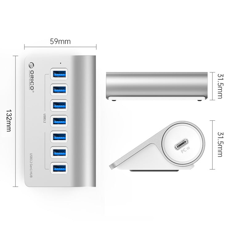 ORICO M3U7-G2 Aluminum Alloy 7-Port USB 3.2 Gen2 10Gbps HUB with 1m Cable (Silver) - free shipping - PMC TechLife - Order now!