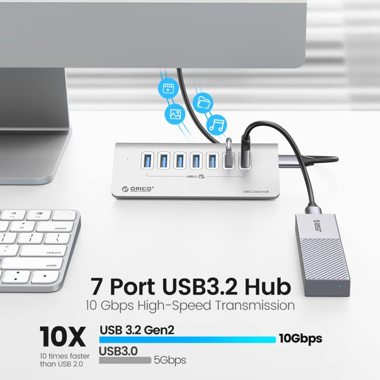 ORICO M3U7-G2 Aluminum Alloy 7-Port USB 3.2 Gen2 10Gbps HUB with 1m Cable (Silver) - free shipping - PMC TechLife - Order now!